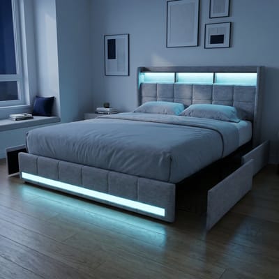 Gestoffeerd Opbergbed 140x200 cm met 4 lades - Tweepersoonsbed met RGB LED en Lattenbodem - Hoofdbord met plank en USB - Modern - Linnen - Beige