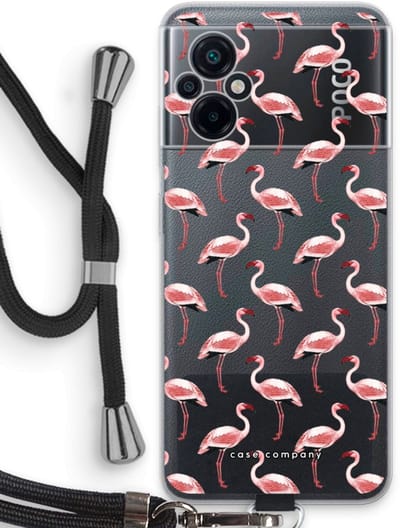 Case Company® - Hoesje met koord geschikt voor Xiaomi Poco M5 hoesje met Koord - Flamingo - Telefoonhoesje met Zwart Koord - Bescherming aan alle Kanten en Over de Schermrand