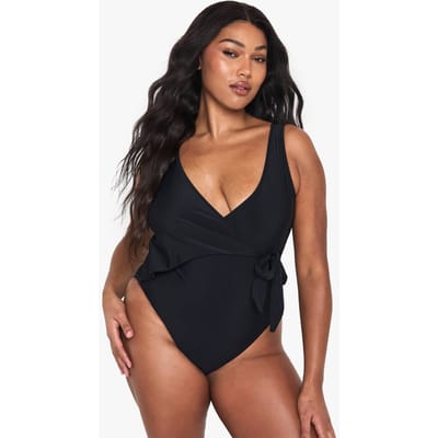 boohoo Dames Plus Swimwear Essentials Buikcontrole Wikkelbadpak | Black | Maat: 22
