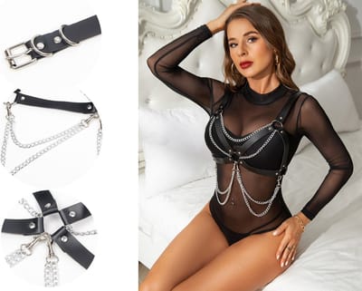 Zwarte ketting BH - PU - verstelbaar - chain bra - borstharnas - body chain - borstversiering - body sieraad - body harnas - kinky - sexy accessoire