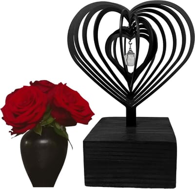 Hart urne - incl. glasbolhanger - 3D Urn Hart 24cm - zwart gecoat metaal - sokkel massief hout - 10ml crematie-as - design urn