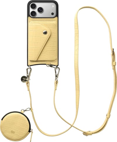 AVY Leren Hoesje geschikt voor Apple iPhone 17 Pro Max | Met Koord, Wallet en Pouch | Compatibel met MagSafe | Leather Case met 130CM Koord | Long Leather | Croco Geel