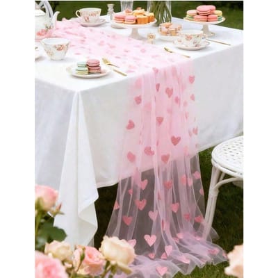 1 st Elegante Roze Hart Tule Tafelkleed, Romantisch Hart Patroon Bruiloft Verjaardag Transparant Tule Gaas Tafel Runner Tafelhoes Pink 75*180cm white