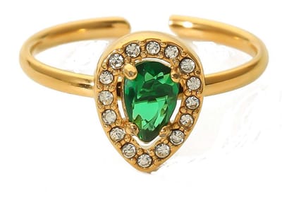 Ring - Druppel met Zirkonia - RVS - One Size - Goudkleurig en Groen