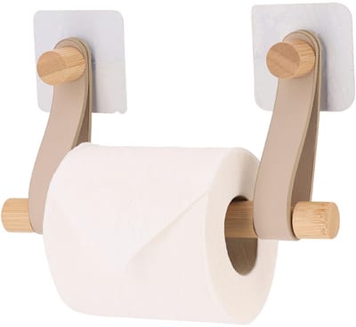 Tendance Toiletrolhouder wand/muur - zelfklevend - beige - bamboe/kunstleer - zonder boren