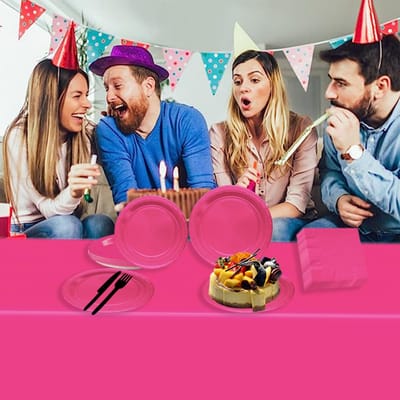Dailygoods- Feestservies 37 Stuks - Roze Papieren Borden/Servetten - Waterdicht Plastic Tafelkleed - Verjaardag/Bruiloft - Veiligheidswaarschuwing - Handwas. - Feestbenodigdheden