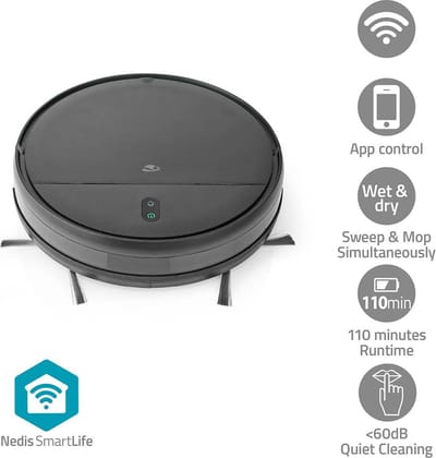 Nedis SmartLife Robotstofzuiger - Navigatiemethode: Willekeurig - Wi-Fi - Capaciteit opvangreservoir: 0.2 l - Automatisch opladen - Maximale gebruiksduur: 1.8 uur - Zwart - Android / IOS