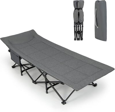 Campingbed met Metalen Frame 10 Steunpunten 200 kg - Oxfordstof en Linnen - Inklapbaar Reisbed met Draagtas - Grijs/Kaki
