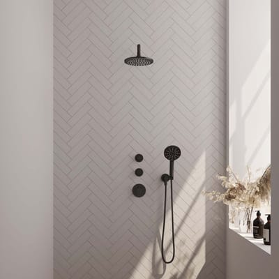 Brauer Black Edition thermostatische inbouw regendouche SET 09 met 20 cm douchekop en gebogen muurarm en 3-standen handdouche en doucheslang en wandaansluitbocht mat zwart