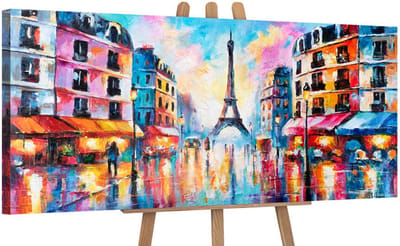 Canvas schilderij panoramisch 115x50 handgeschilderd Parijse lichten stad nacht – YS-Art Gallery – Romantische wanddecoratie voor woonkamer – Modern schilderij voor hal