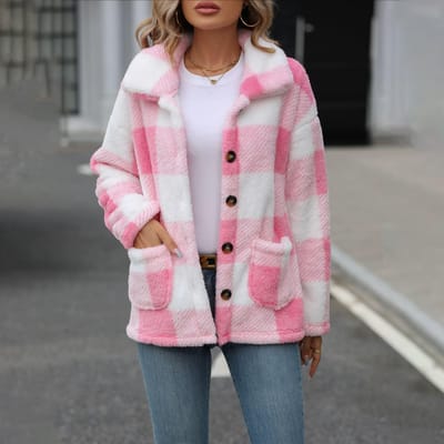 Veste casual à revers à manches longues mi-longue à carreaux simple boutonnage velours double face pour femme automne-hiver 2XL rose