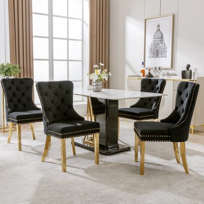 Eetkamerstoel - Set Van 4 - Zwart - Fluweelachtig materiaal - Metalen Poten - Eetkamerstoelen - Verstelbare voetjes - Keukenstoel - Draagvermogen 150KG - Scandinavisch Design