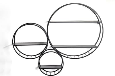 Wandrek – Zwart metaal – Rond driedelig vintage design met 4 planken – Industrieel wandrek