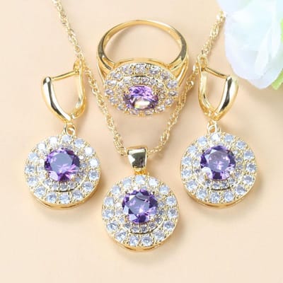 Simple Ensemble Rond de Mariée Quatre Pièces Zircon Blanc Cristal Couleur Or Bijoux pour Femmes Boucles d'Oreilles Pendantes/Bracelet/Bague 6 Couleurs 7