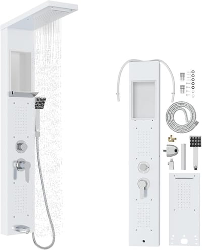 Roestvrij Staal Douchepaneel 5 In 1 Douchekolom Incl. Regendouchekop Watervaldouche Massagesproeiers Handdouche & Badkuifinloop Regendouche Met Armatuur Douchekraan Compleet Set Voor Bad (Wit) NAIZY