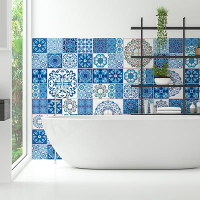 Zelfklevende tegelmuurstickers voor keuken en badkamer - 60 cementtegelstickers, Azulejos Serafina - 60 stickers, 20x20cm