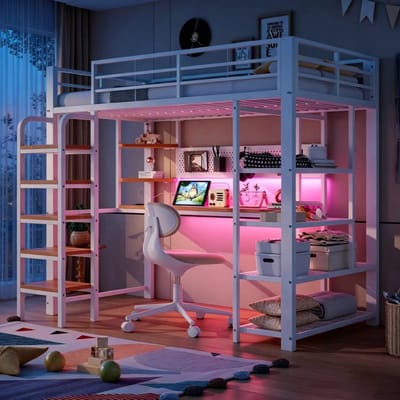 IJzeren Hoogslaper 90×200 Cm, Eenpersoonsbed Met Geperforeerd Plaatstaal, Bureau Met Cee-Stopcontact, Meerkleurige Ledverlichting, Opbergvakken Met Meerdere Niveaus, Klein Plankje, Verticale Ladder, Hoogslaper-Wit