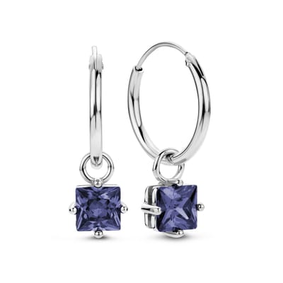 New Bling 9NB-1261 Zilveren Oorringen met hangertje - Kristal - Vierkant - Paars - 6mm - Oorringen - 15x1,5mm - Oorbellen - Rhodium - Zilver