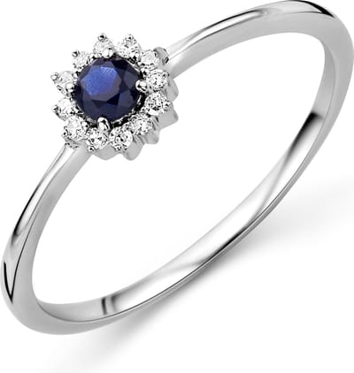 Miore Pure Ring Dames - 9 Karaat - Zilverkleurig - Met Diamanten en Blauwe Saffier - Maat 52