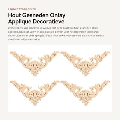 Dailygoods- Hoekonlay - 4 Stuks Houten Decoratie - Rubberhout - Bloemenpatroon - Muur/Deur Decoratie - Elegant en Klassiek