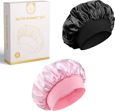 BeBliss Satijnen Bonnet Set - 2 stuks - Roze & Zwart - Inclusief Opbergzakje - Satijnen Slaapmuts - Haarnetje - Haarverzorging
