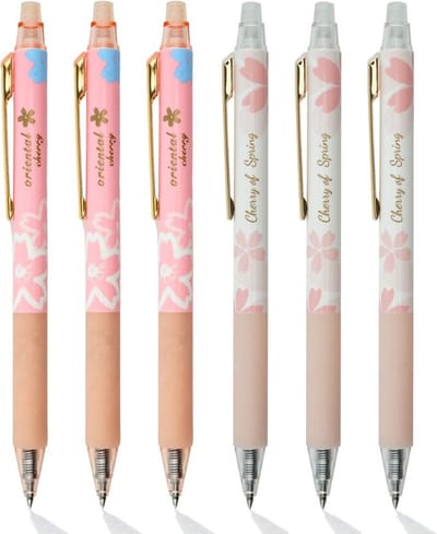 Ainy - Luxe Sakura Uitwisbare Pen - set van 6 zwarte uitgumbare pennen voor in je etui - kawaii balpen | middelbare schoolspullen balpennen | cadeau voor haar