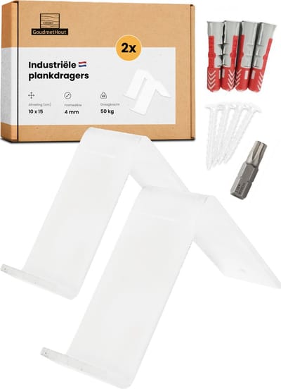 GoudmetHout® Industriële Plankdragers L-vorm - 10 cm - Stalen Plankdrager voor Wandschap, Muurrek of Wandconsole - Max 50 kg - 2 Stuks - Mat Wit