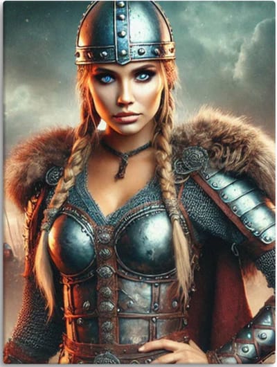 Krachtig Viking Canvas – Stoere Wanddecoratie van Vikingvrouw in Veldslag 30 x 40 cm
