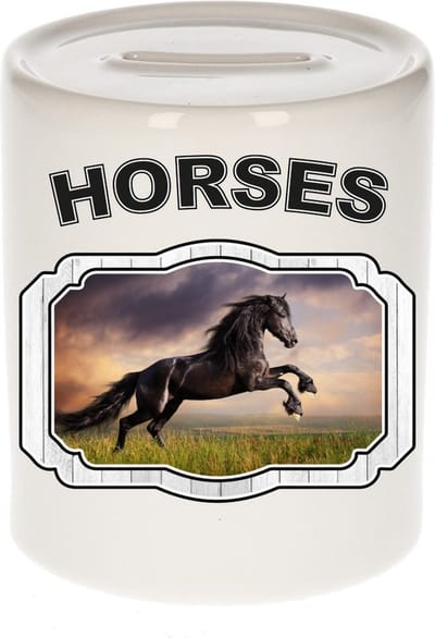 Dieren liefhebber zwart paard spaarpot 9 cm jongens en meisjes - keramiek - Cadeau spaarpotten paarden liefhebber