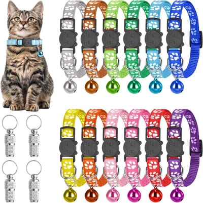 Verstelbare kattenhalsbanden in verschillende kleuren met bellen, snelle sluiting en veiligheidsklem voor kleine honden en katten, inclusief 4 naamplaatjes