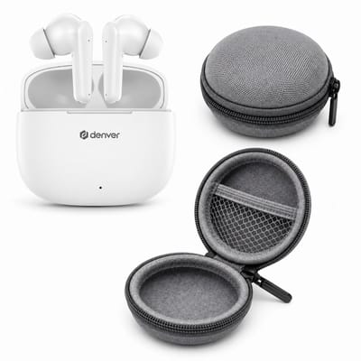 Denver - Draadloze - Witte Bluetooth Oordopjes + Opberghoes Grijs - Earphones - Oortjes + Oplaadcase - Wireless Earbuds - Draadloos.