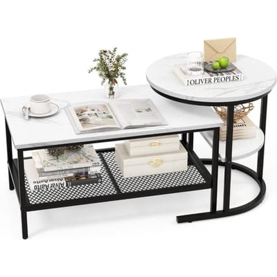 Coast Bijzettafelset - salontafel en bijzettafel - marmerlook tafelblad - zwart en wit