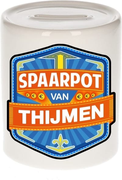 Bellatio Decorations Kinder spaarpot met naam - Thijmen - keramiek - met dop - wit - Sparen - Spaargeld van Thijmen