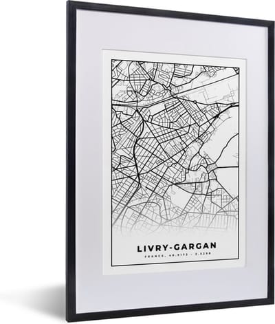 Fotolijst incl. Poster Zwart Wit- Livry-Gargan - Stadskaart - Frankrijk - Kaart - Plattegrond - Zwart wit - 30x40 cm - Posterlijst