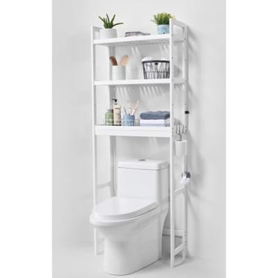 VEVOR Opberger boven het toilet, 3-laags verstelbare badkamerorganizer boven het toilet, bamboe opbergrek met 3 haken, vrijstaand, eenvoudig te monteren