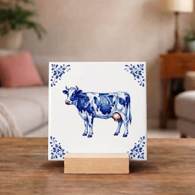 Delftsblauw Tegeltje 11x11 Koe – Landelijke Hollandse Wanddecoratie Cadeau