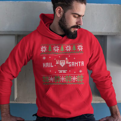 Foute Kerst Hoodie - Kleur Rood - Hail Santa Snowy Trees - Maat XS - Uniseks Pasvorm - Kerstkleding voor Dames & Heren