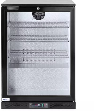 HENDI achterbar drankkoelkast enkele deur - staal met poedercoating en gehard glas - 60x53x86,5 cm - zwart - 105 liter - met slot - geventileerde koeling voor horeca