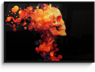 Poster in lijst - Fotolijst 120x80 cm - Posters - Schedel - Oranje - Zijaanzicht - Vlammen - Posterlijst zwart - Decoratie - Wanddecoratie woonkamer - Muurdecoratie slaapkamer