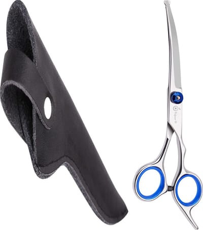 Professionele Hondenschaar – Ergonomische Kromme Trimschaar Links – Blauw – Voor Vacht- & Pootverzorging van Langharige Honden – Inclusief Luxe Lederen Etui – 16,5 cm – Zwart