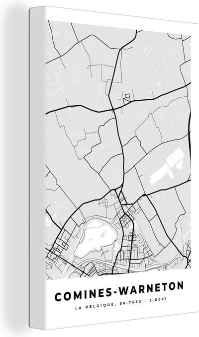 Canvas Schilderij Zwart Wit – België – Plattegrond – Stadskaart – Kaart – Comines Warneton - 20x30 cm - Wanddecoratie
