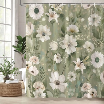 Douchegordijn 180 X 180 Cm, Groen Beige Bloemen Bladeren Planten Douchegordijn Voor Badkamer, Waterdicht Schimmel En Schimmel Bestand Stof Met 12 Haak