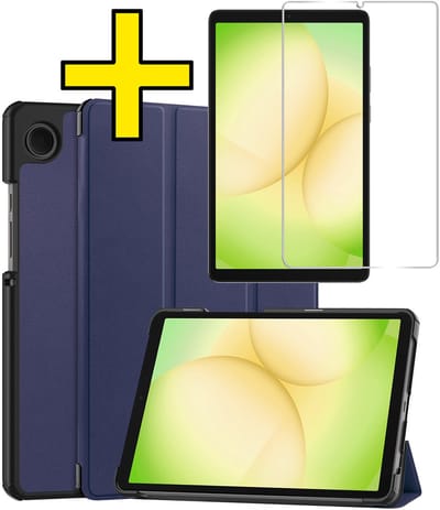 Hoes - Geschikt voor Samsung Galaxy Tab A11 - Met Screenprotector - Trifold Bookcase - Hard Cover - Hardcover Book Case - Tablet Hoesje - Donkerblauw