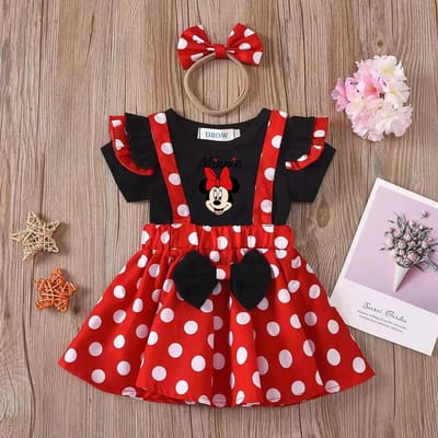Ensemble 2 pièces Mickey Minnie Mouse Tenue Enfant Bébé Filles Été Soirée Enfants Pois Hauts Jupe Robe Cosplay avec Bandeau Nœud 110 (3-4Y) black