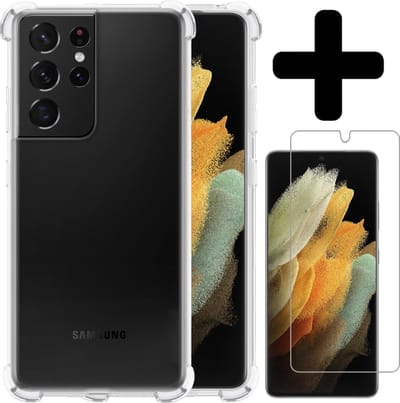 Hoesje - Met Screenprotector - Geschikt voor Samsung Galaxy S21 Ultra - Sterk & Shockproof - Siliconen Case - Back Cover - Telefoon Hoes - Shock Proof - Telefoonhoesjes - Transparant