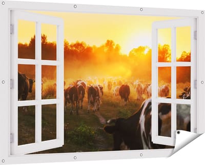 Gards Tuinposter Doorkijk Kudde Koeien in Weiland bij Zonsondergang - 150x100 cm - Tuindoek - Tuindecoratie - Wanddecoratie buiten - Tuinschilderij