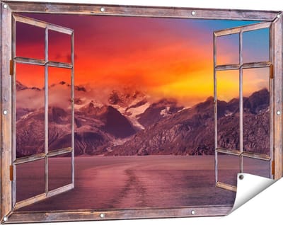 Gards Tuinposter Doorkijk Meer bij de Bergen bij Zonsondergang - 120x80 cm - Tuindoek - Tuindecoratie - Wanddecoratie buiten - Tuinschilderij