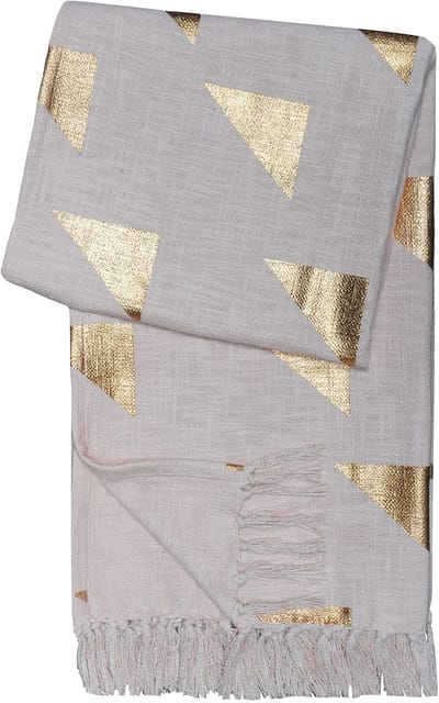 Urbane Hide | Modern Geometrisch Plaid met Gouden Driehoek Patroon | Sierplaid | 130x170cm | Plaid met Kwastjes | 100% Katoen | Wit en Goud