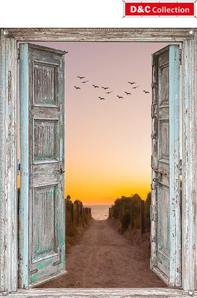 Tuinposter doorkijk - 65x90 cm - doorkijk - deuren -duinpad - zonsondergang - vogels - tuin decoratie - tuinposters buiten - schuttingposter - tuinschilderij