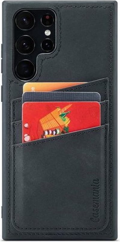 Suede back cover met pasjes vakje - Geschikt voor Samsung Galaxy S22 Ultra / S23 Ultra - Suede/TPU backcover - Zwart
